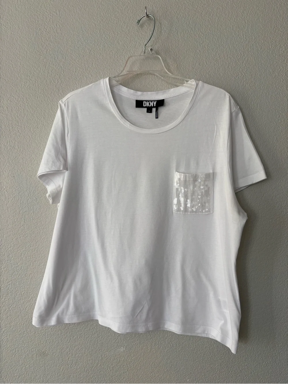 DKNY White Short Sleeve Tee with Sequin Pocket